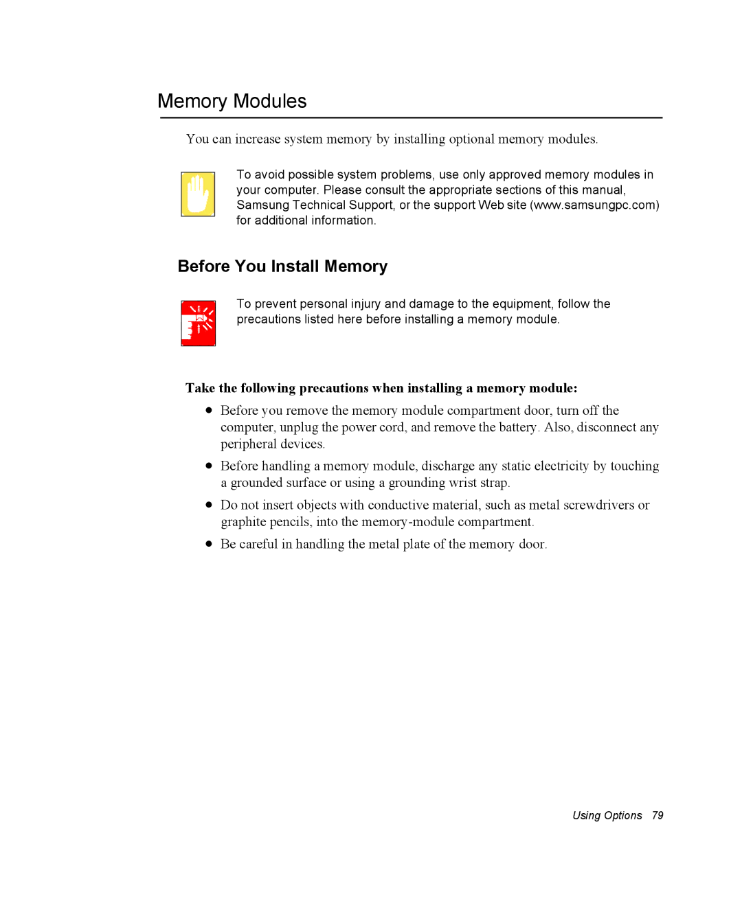 Samsung NX10RP1RSG/SES, EV-NX10ZZBABZA, NX10RP1N9W/SEG, NX10RP0BW9/SEG manual Memory Modules, Before You Install Memory 