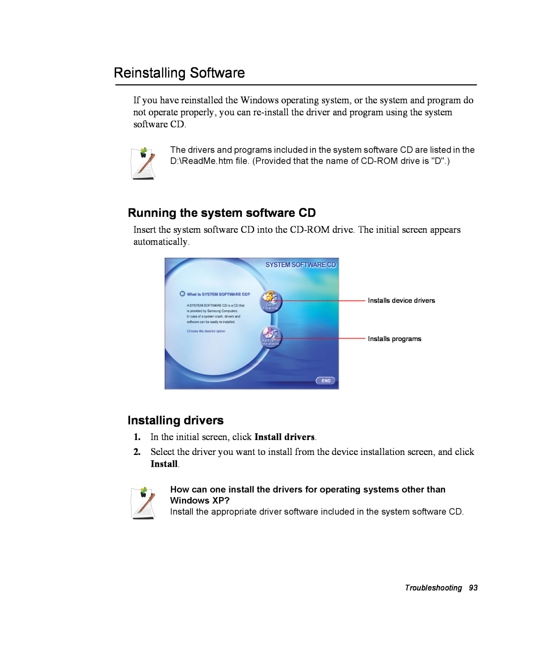 Samsung NX10PRTV09/SEK, EV-NX10ZZBABZA manual Reinstalling Software, Running the system software CD, Installing drivers 