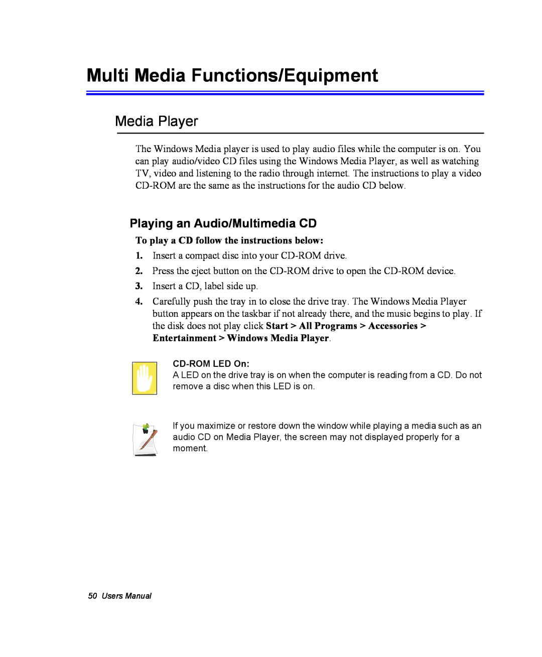 Samsung NX10PRTV04/SUK, EV-NX10ZZBABZA manual Multi Media Functions/Equipment, Media Player, Playing an Audio/Multimedia CD 