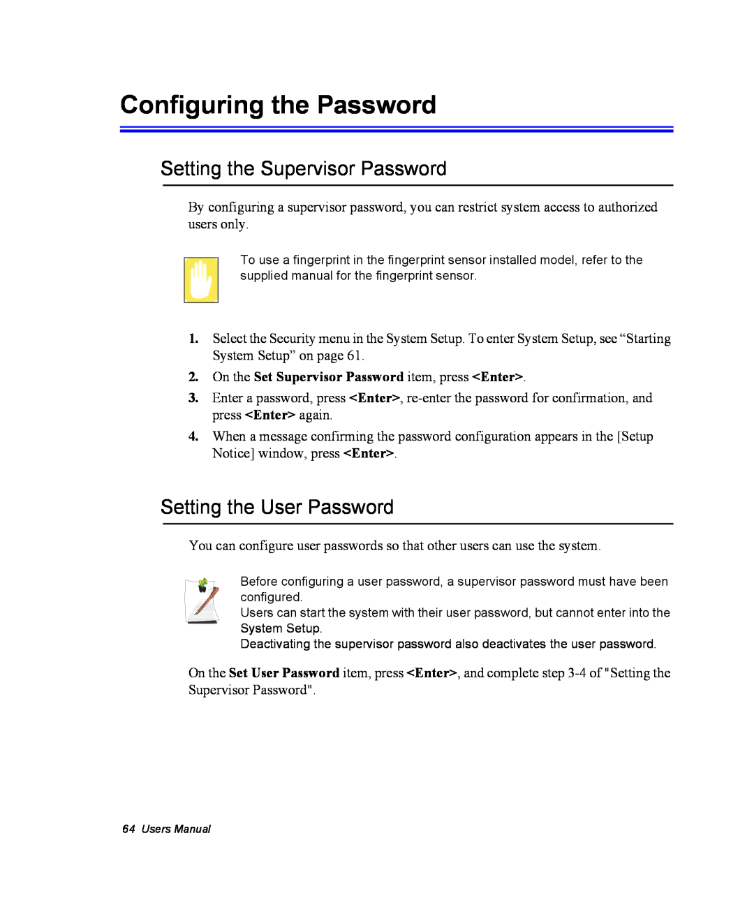 Samsung EV-NX10ZZBATFR, NX10-SEED/SEG Configuring the Password, Setting the Supervisor Password, Setting the User Password 