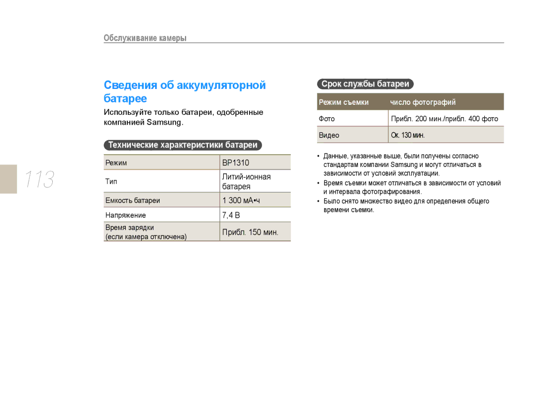 Samsung EV-NX10ZZBABRU 113, Сведения об аккумуляторной батарее, Технические характеристики батареи Срок службы батареи 