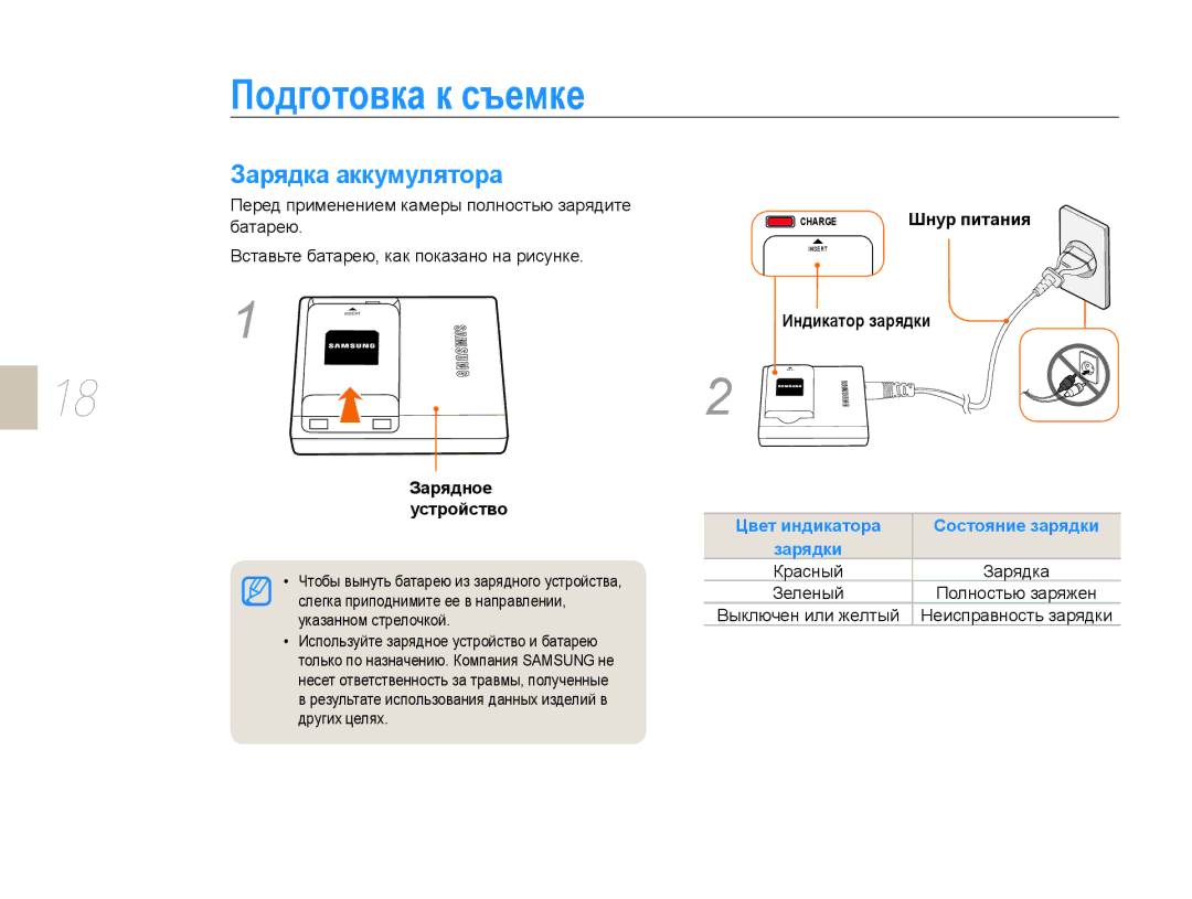 Samsung EV-NX10ZZBABEE, EV-NX10ZZBCBRU Подготовка к съемке, Зарядка аккумулятора, Зарядное Устройство, CHARGEШнур питания 