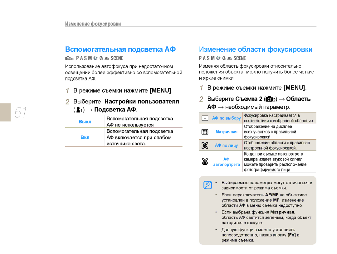 Samsung NX10PRCV09/SER, EV-NX10ZZBCBRU manual Вспомогательная подсветка АФ, Выберите Настройки пользователя → Подсветка АФ 