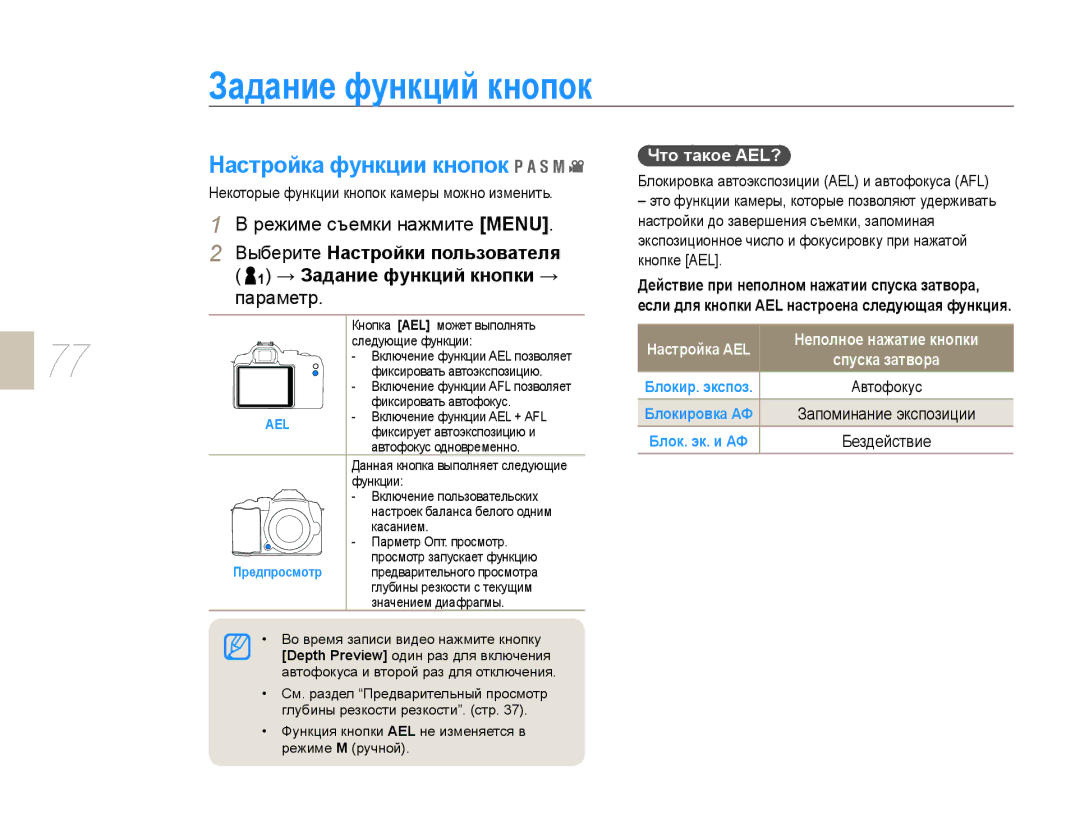 Samsung NX10PRCV09/SER, EV-NX10ZZBCBRU, EV-NX10ZZBABRU Задание функций кнопок, Настройка функции кнопок, Что такое AEL? 