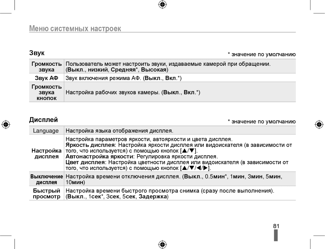 Samsung EV-NX10ZZBABRU, EV-NX10ZZBCBRU, EV-NX10ZZBABEE, NX10PRTV09/SEK, EV-NX10ZZBAWRU Меню системных настроек, Звук, Дисплей 