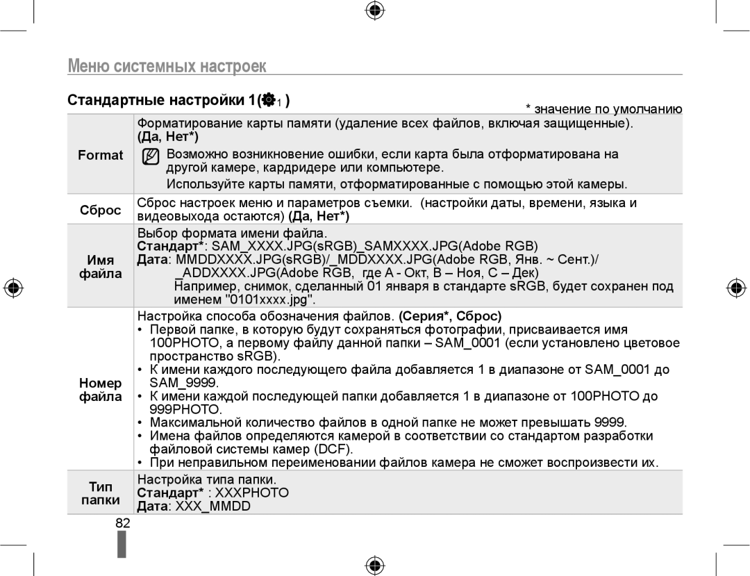 Samsung EV-NX10ZZBABEE, EV-NX10ZZBCBRU, EV-NX10ZZBABRU manual Стандартные настройки 1, Да, Нет Format, Сброс, Имя, Файла 