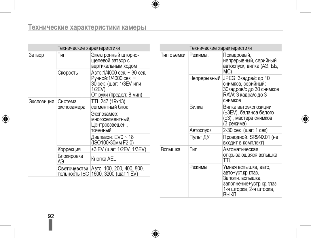 Samsung EV-NX10ZZBAWRU, EV-NX10ZZBCBRU, EV-NX10ZZBABRU, EV-NX10ZZBABEE, NX10PRTV09/SEK manual Технические характеристики камеры 