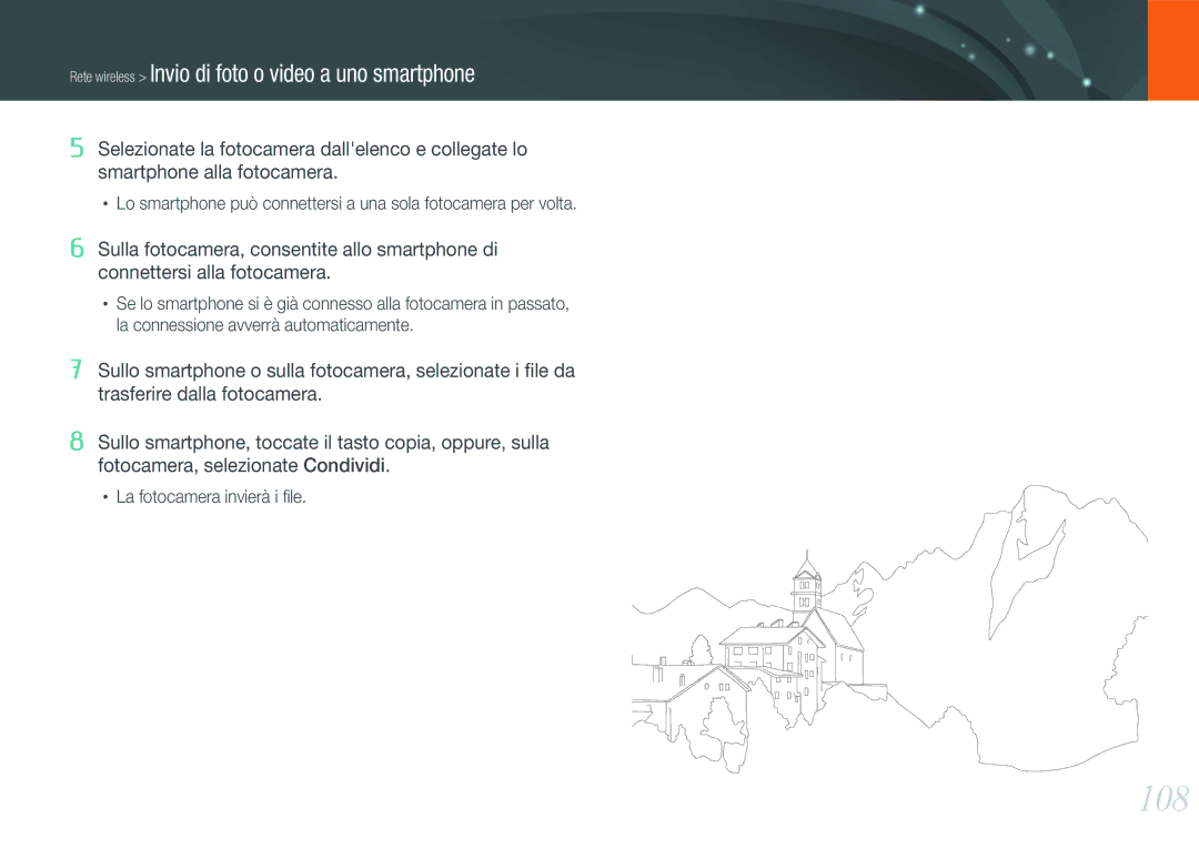 Samsung EV-NX1000BABIT, EV-NX1100BABIT, EV-NX1100BFWIT manual 108, Rete wireless Invio di foto o video a uno smartphone 