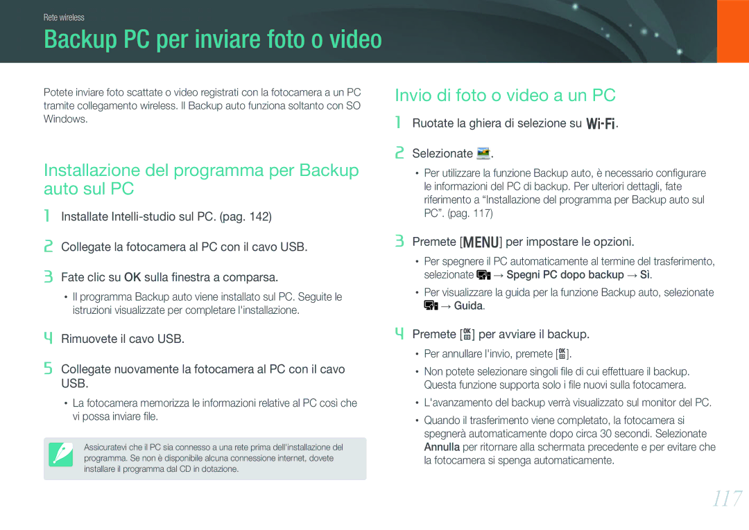 Samsung EV-NX1000BFWTR manual 117, Installazione del programma per Backup auto sul PC, Invio di foto o video a un PC 