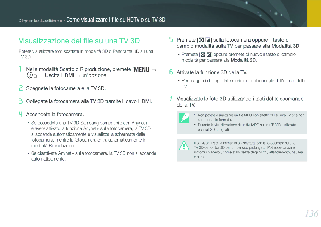 Samsung EV-NX1000BFWIT, EV-NX1100BABIT, EV-NX1000BABIT, EV-NX1100BFWIT manual 136, Visualizzazione dei ﬁle su una TV 3D 