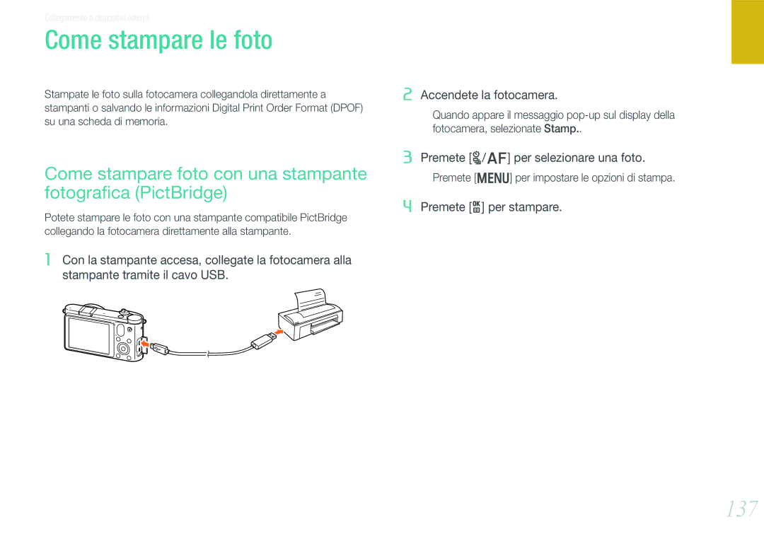 Samsung EV-NX1100BABIT manual Come stampare le foto, 137, Come stampare foto con una stampante fotograﬁca PictBridge 