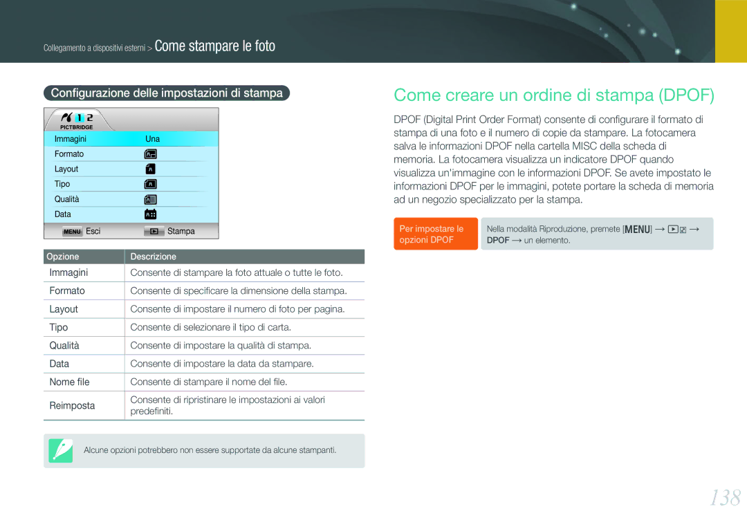 Samsung EV-NX1000BABIT manual 138, Come creare un ordine di stampa Dpof, Conﬁgurazione delle impostazioni di stampa 