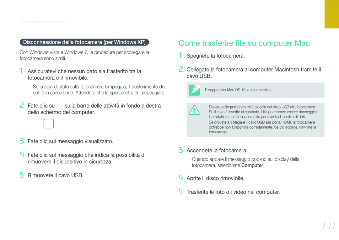 Samsung EV-NX1000BFWTR manual 141, Come trasferire ﬁle su computer Mac, Disconnessione della fotocamera per Windows XP 