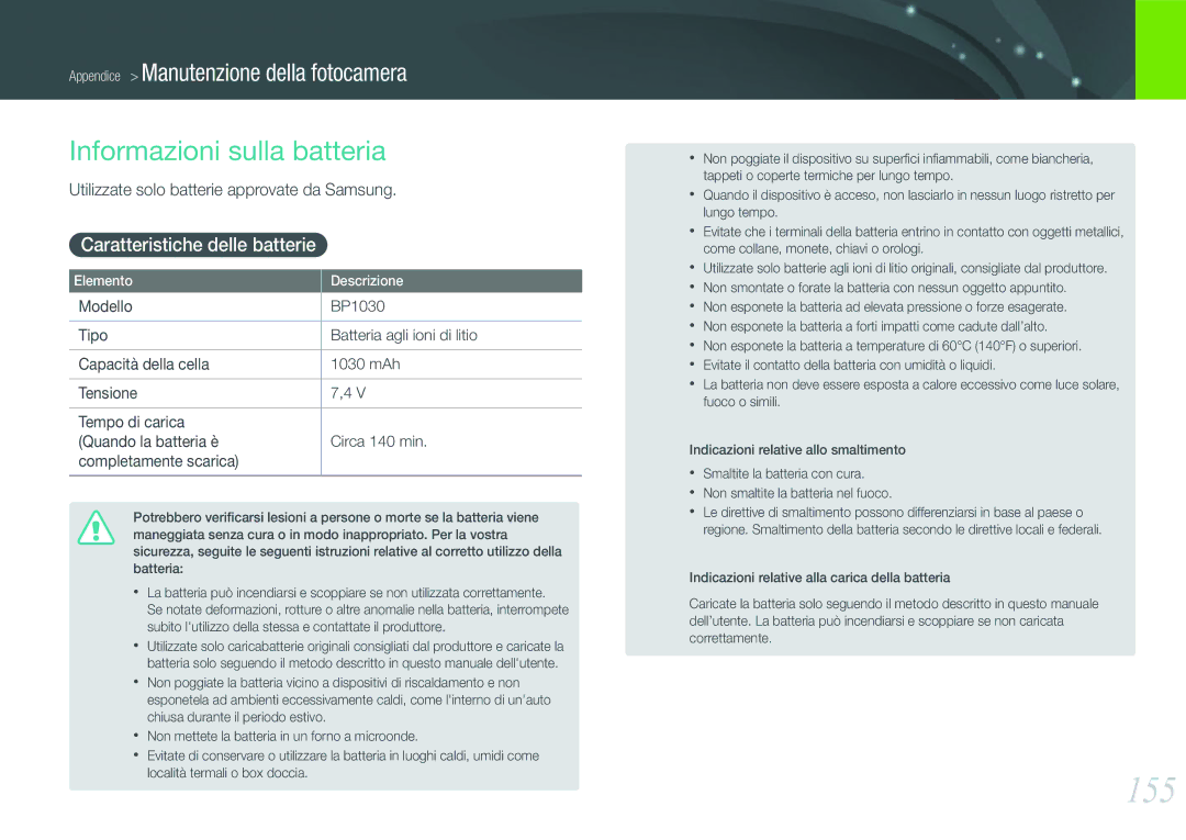 Samsung EV-NX1100BABIT, EV-NX1000BABIT, EV-NX1100BFWIT 155, Informazioni sulla batteria, Caratteristiche delle batterie 