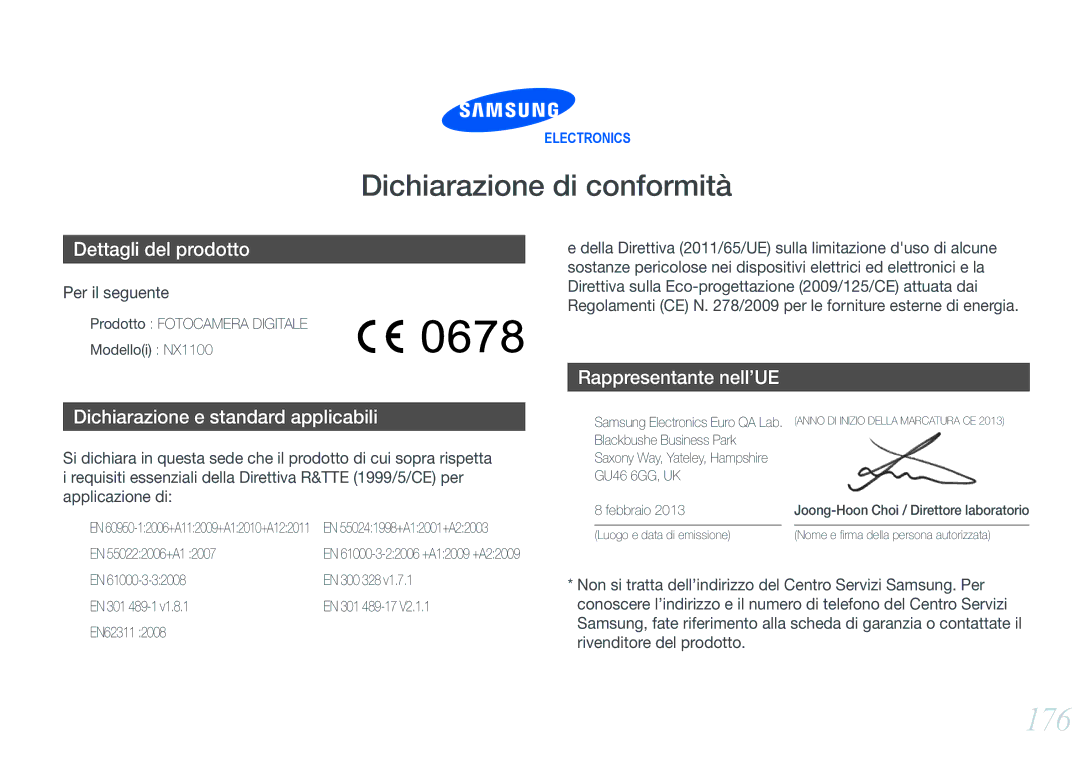 Samsung EV-NX1000BHWIT, EV-NX1100BABIT manual 176, Prodotto Fotocamera Digitale Modelloi NX1100, EN 550222006+A1, EN 300 328 