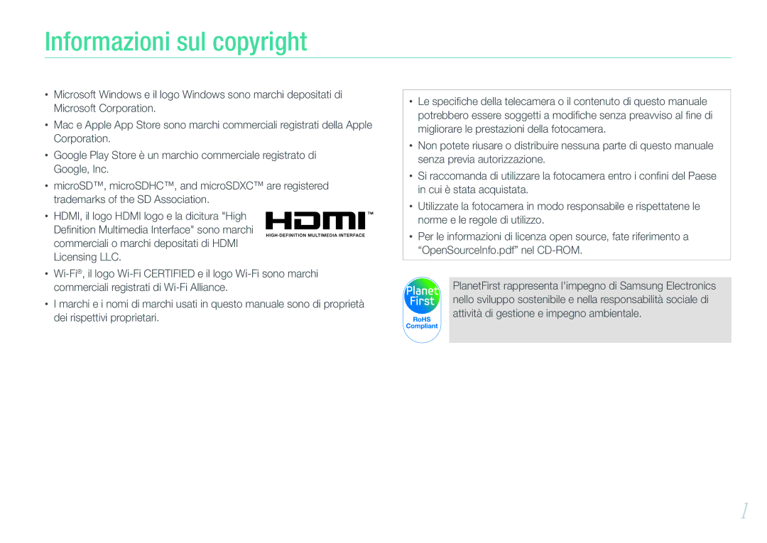 Samsung EV-NX1100BFWIT, EV-NX1100BABIT, EV-NX1000BABIT, EV-NX1000BHWIT, EV-NX1000BFWTR manual Informazioni sul copyright 