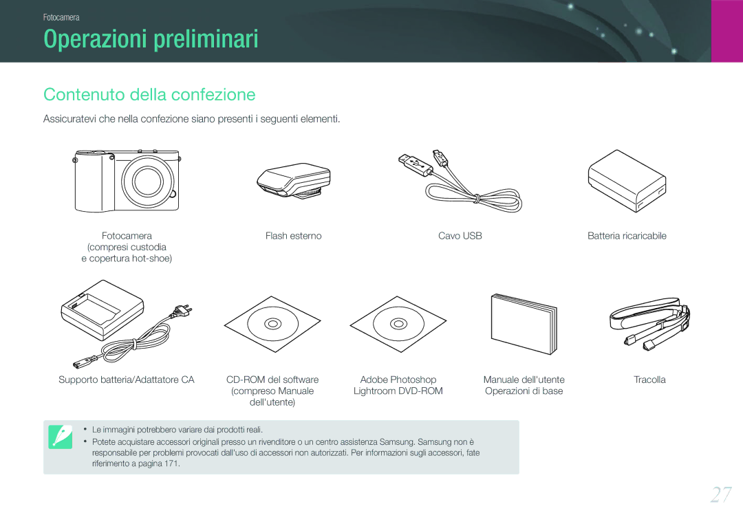 Samsung EV-NX1000BFWTR, EV-NX1100BABIT manual Operazioni preliminari, Contenuto della confezione, Flash esterno Cavo USB 