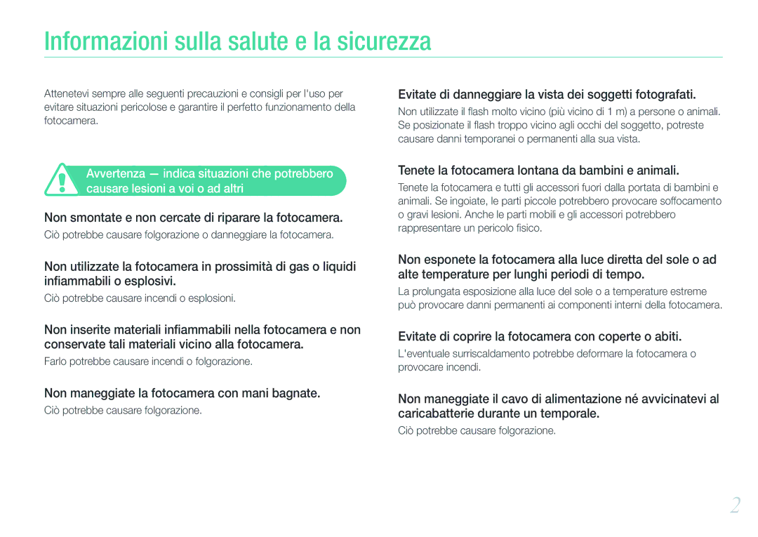 Samsung EV-NX1000BHWIT, EV-NX1100BABIT, EV-NX1000BABIT, EV-NX1100BFWIT manual Informazioni sulla salute e la sicurezza 