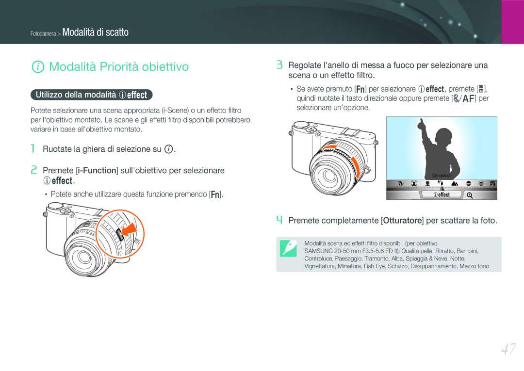 Samsung EV-NX1100BABIT, EV-NX1000BABIT, EV-NX1100BFWIT manual Modalità Priorità obiettivo, Utilizzo della modalità E 