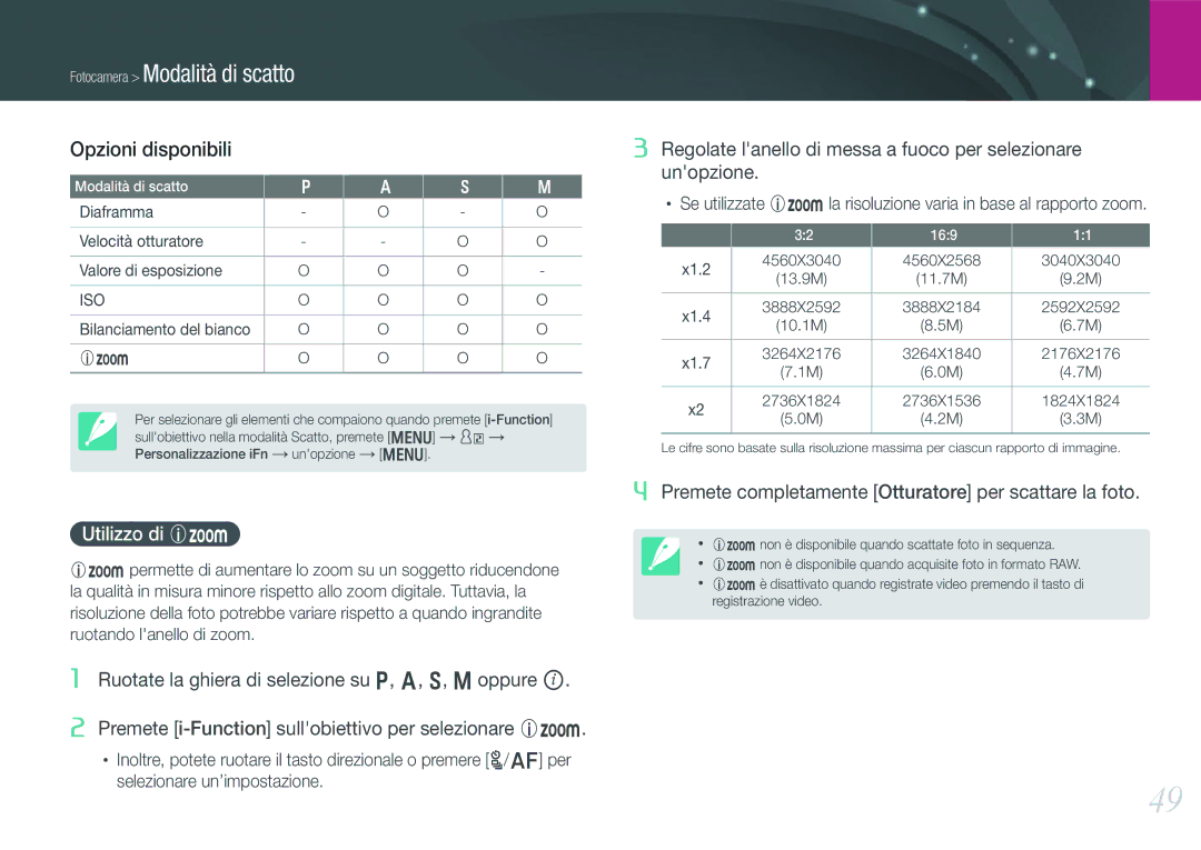 Samsung EV-NX1100BFWIT, EV-NX1100BABIT, EV-NX1000BABIT, EV-NX1000BHWIT manual Opzioni disponibili, Utilizzo di Z, Iso 