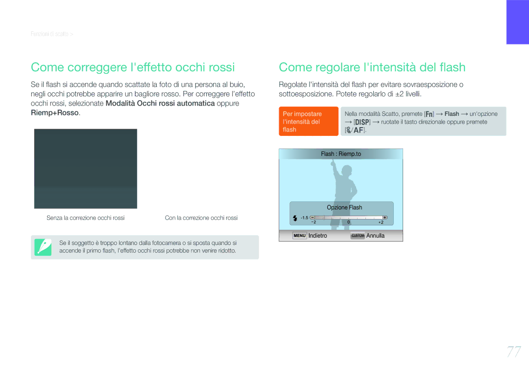 Samsung EV-NX1100BABIT, EV-NX1000BABIT manual Come correggere leffetto occhi rossi, Come regolare lintensità del ﬂash 