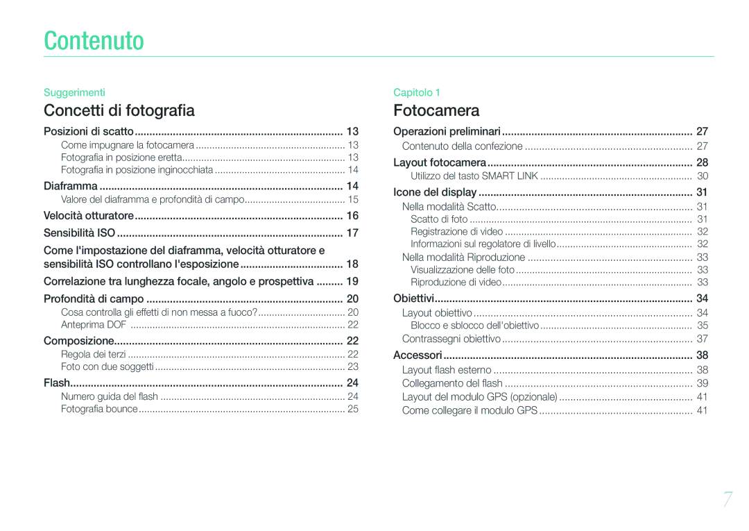 Samsung EV-NX1100BFWIT, EV-NX1100BABIT, EV-NX1000BABIT, EV-NX1000BHWIT, EV-NX1000BFWTR manual Contenuto, Profondità di campo 