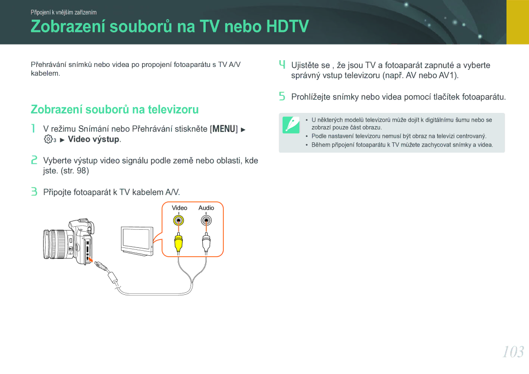 Samsung EV-NX11ZZBABCZ manual Zobrazení souborů na TV nebo Hdtv, 103, Zobrazení souborů na televizoru 