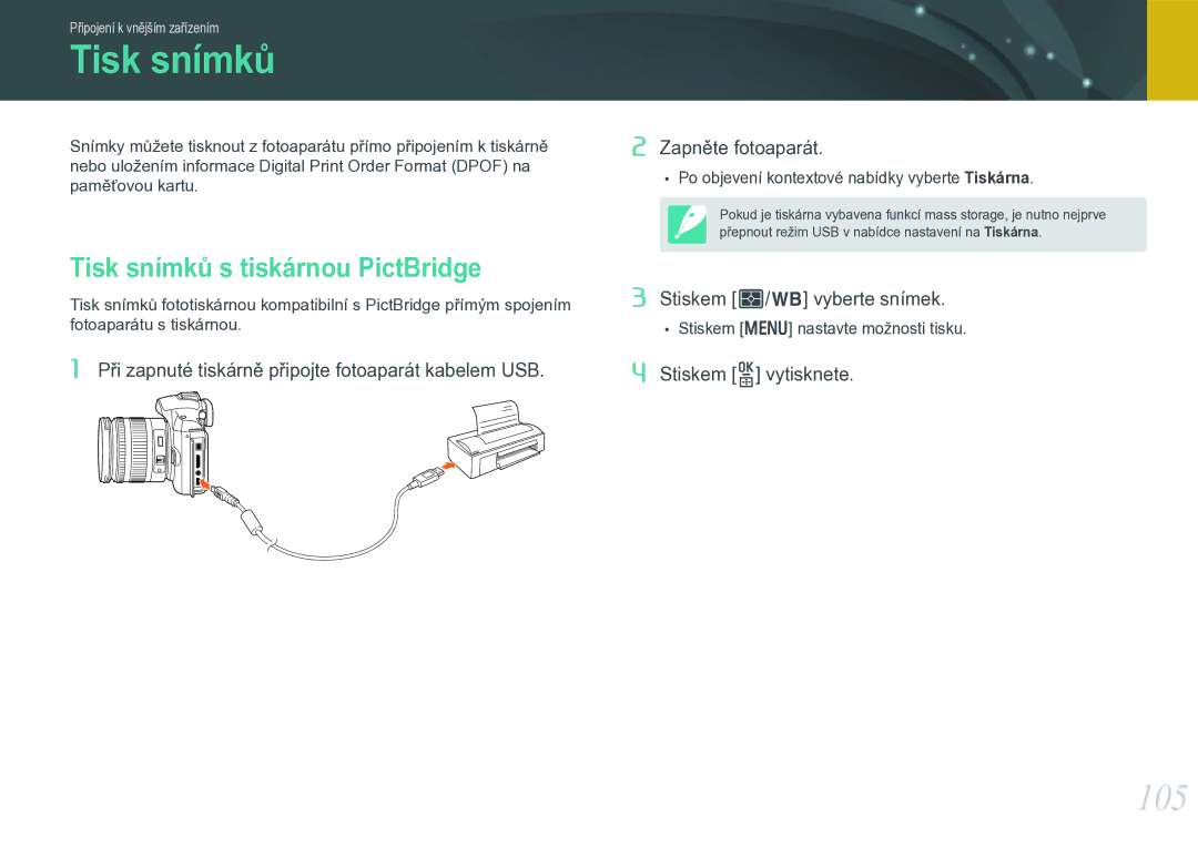 Samsung EV-NX11ZZBABCZ manual 105, Tisk snímků s tiskárnou PictBridge 