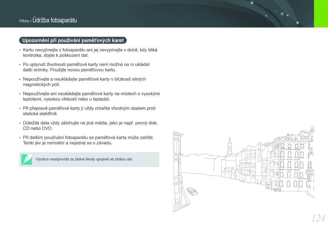 Samsung EV-NX11ZZBABCZ manual 124, Upozornění při používání paměťových karet 