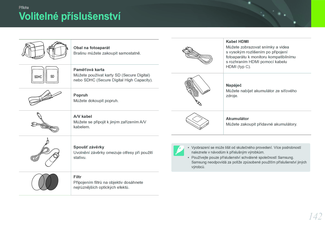 Samsung EV-NX11ZZBABCZ manual Volitelné příslušenství, 142 