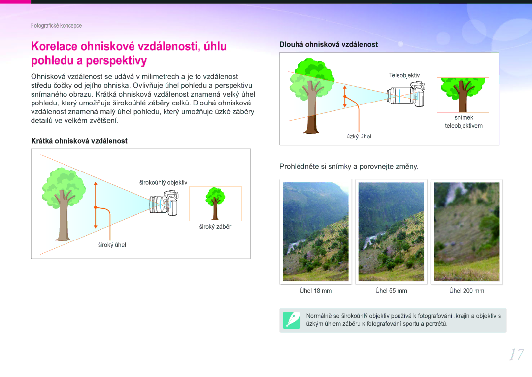 Samsung EV-NX11ZZBABCZ manual Korelace ohniskové vzdálenosti, úhlu pohledu a perspektivy 