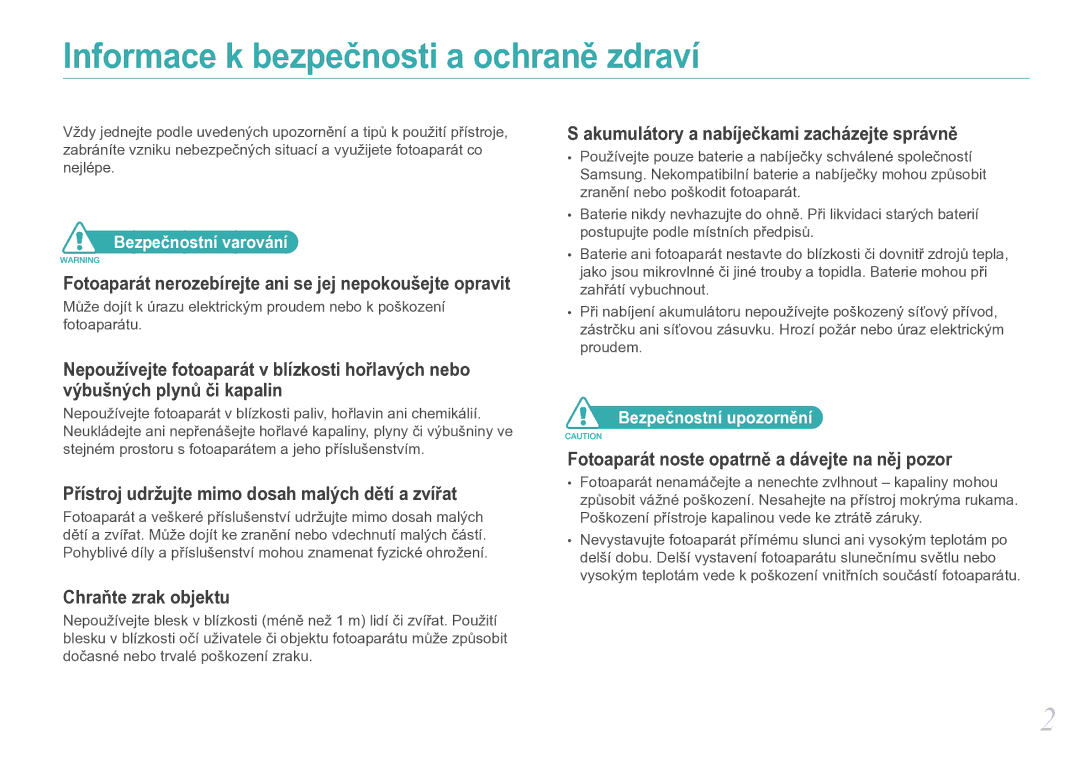 Samsung EV-NX11ZZBABCZ manual Bezpečnostní varování, Bezpečnostní upozornění 