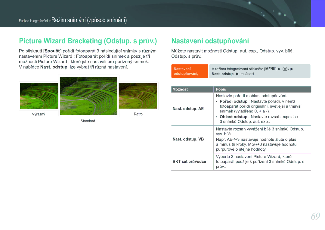 Samsung EV-NX11ZZBABCZ manual Picture Wizard Bracketing Odstup. s prův, Nastavení odstupňování, Nast. odstup. AE 