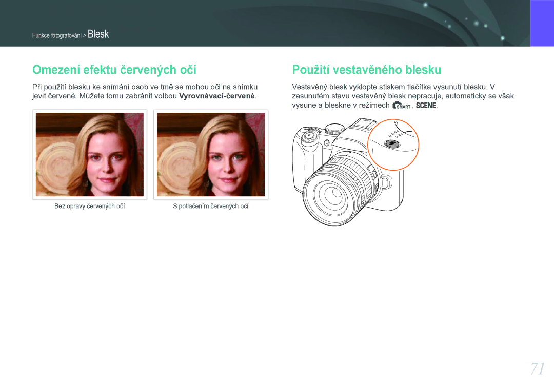 Samsung EV-NX11ZZBABCZ manual Omezení efektu červených očí, Použití vestavěného blesku 