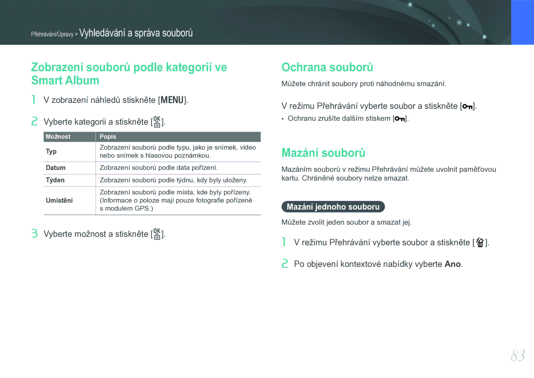 Samsung EV-NX11ZZBABCZ manual Zobrazení souborů podle kategorií ve Smart Album, Ochrana souborů, Mazání souborů 