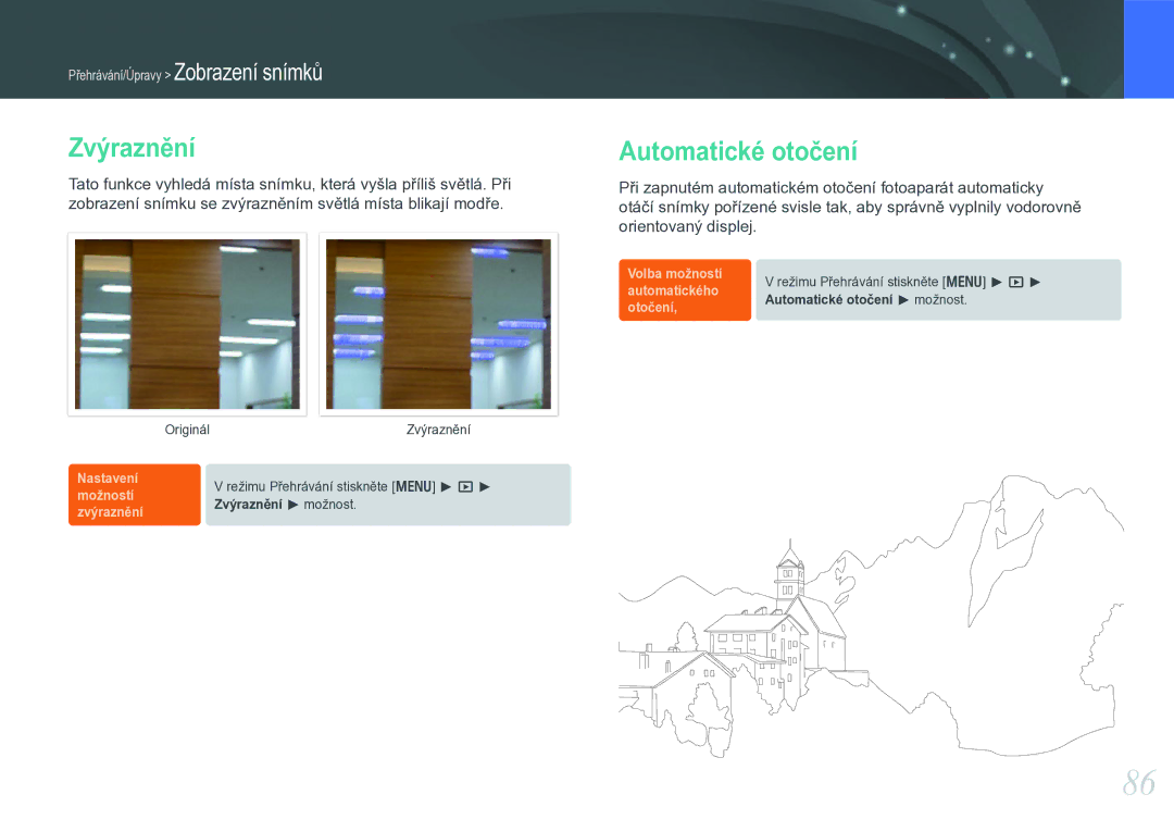 Samsung EV-NX11ZZBABCZ manual Zvýraznění, Automatické otočení 