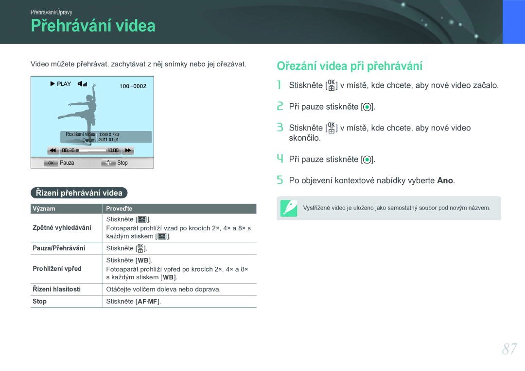 Samsung EV-NX11ZZBABCZ manual Přehrávání videa, Ořezání videa při přehrávání 