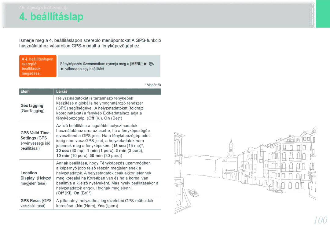 Samsung EV-NX11ZZBABHU, EV-NX11ZZBABDK, EV-NX11ZZBABSE manual 100, GeoTagging, Settings GPS, Display Helyzet 