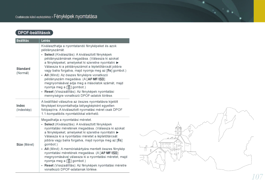 Samsung EV-NX11ZZBABDK, EV-NX11ZZBABSE, EV-NX11ZZBABHU manual 107, DPOF-beállítások, Standard, Index 