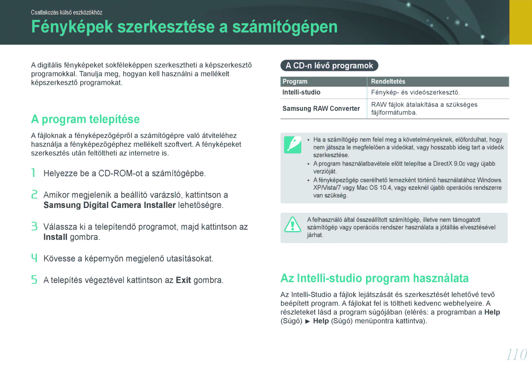 Samsung EV-NX11ZZBABDK, EV-NX11ZZBABSE Fényképek szerkesztése a számítógépen, 110, Program telepítése, CD-n lévő programok 