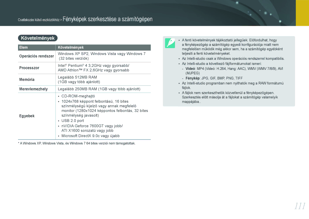 Samsung EV-NX11ZZBABSE, EV-NX11ZZBABDK, EV-NX11ZZBABHU manual 111, Követelmények 