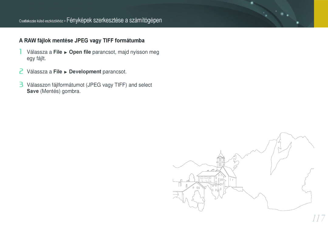 Samsung EV-NX11ZZBABSE, EV-NX11ZZBABDK, EV-NX11ZZBABHU manual 117, RAW fájlok mentése Jpeg vagy Tiff formátumba 