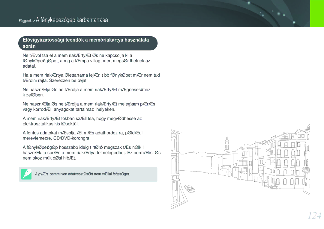 Samsung EV-NX11ZZBABHU, EV-NX11ZZBABDK, EV-NX11ZZBABSE manual 124, Elővigyázatossági teendők a memóriakártya használata során 