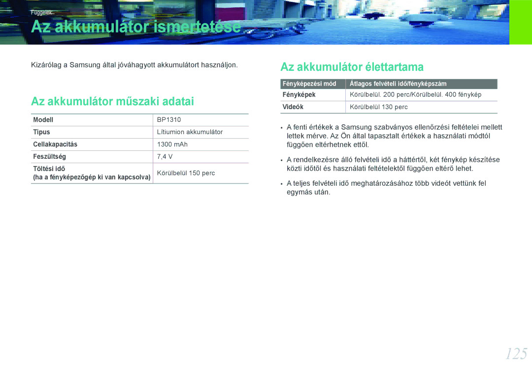 Samsung EV-NX11ZZBABDK manual Az akkumulátor ismertetése, 125, Az akkumulátor műszaki adatai, Az akkumulátor élettartama 