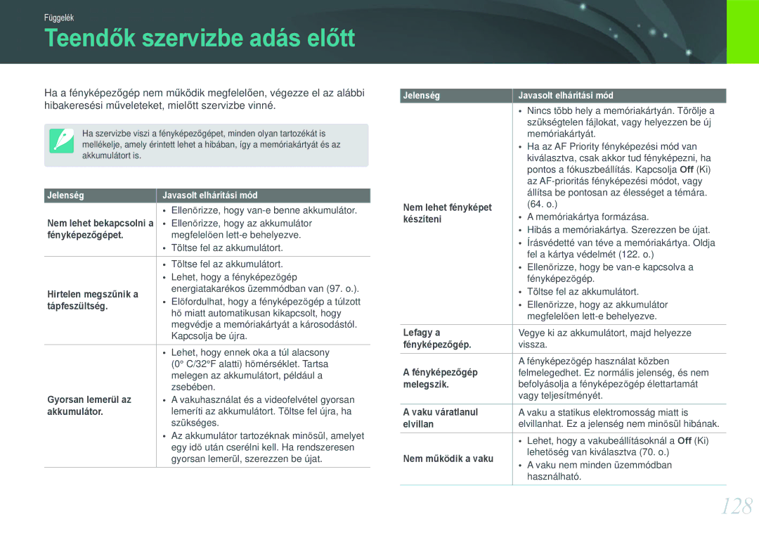 Samsung EV-NX11ZZBABDK, EV-NX11ZZBABSE, EV-NX11ZZBABHU manual Teendők szervizbe adás előtt, 128 