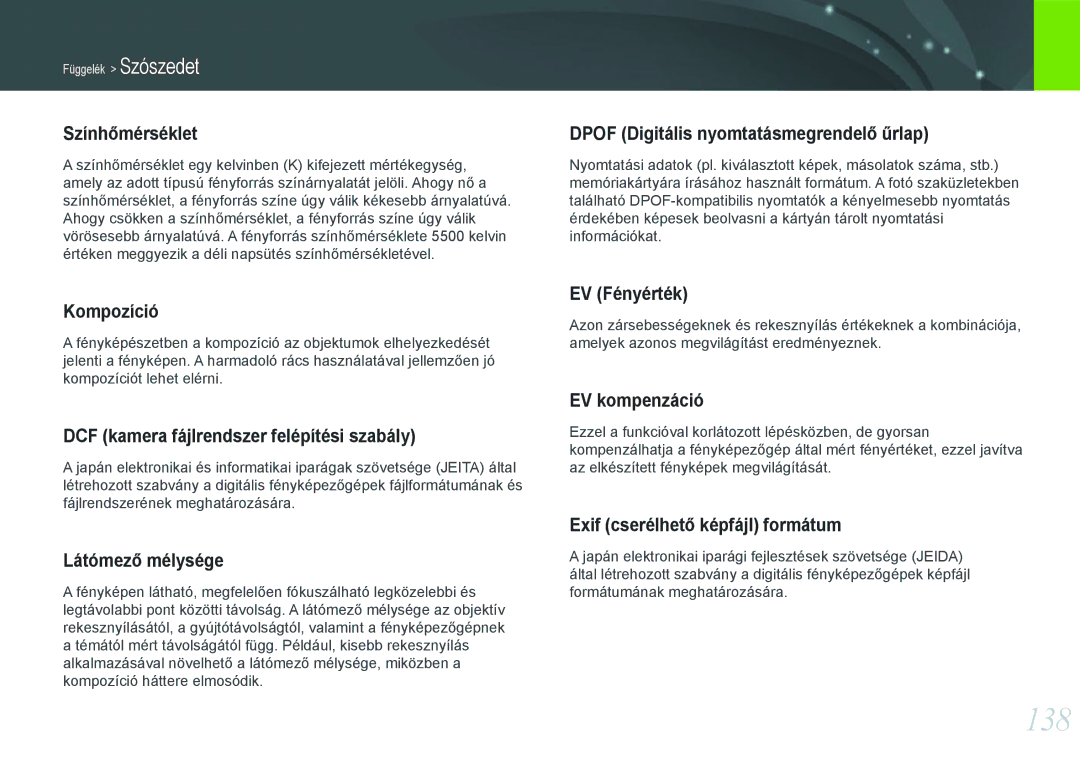 Samsung EV-NX11ZZBABSE, EV-NX11ZZBABDK, EV-NX11ZZBABHU manual 138, Színhőmérséklet 