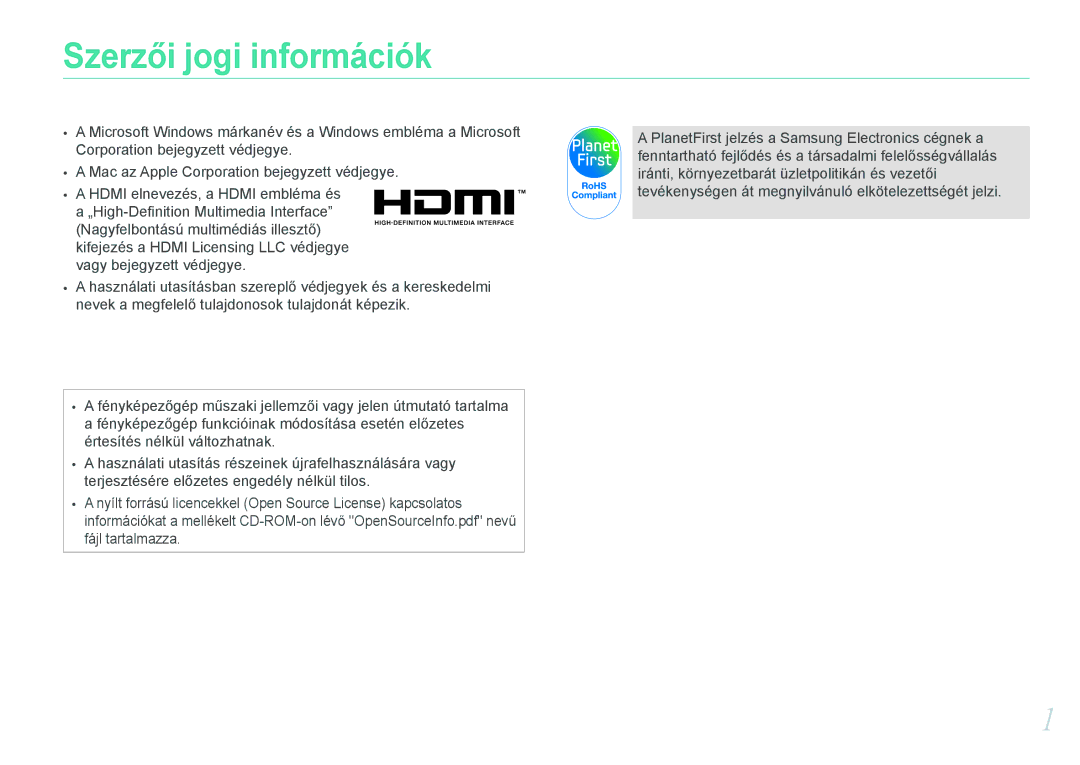 Samsung EV-NX11ZZBABHU, EV-NX11ZZBABDK, EV-NX11ZZBABSE manual Szerzői jogi információk 