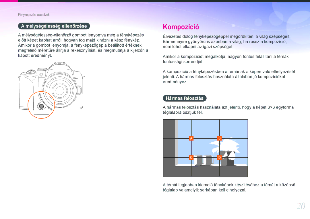 Samsung EV-NX11ZZBABDK, EV-NX11ZZBABSE, EV-NX11ZZBABHU manual Mélységélesség ellenőrzése, Hármas felosztás 