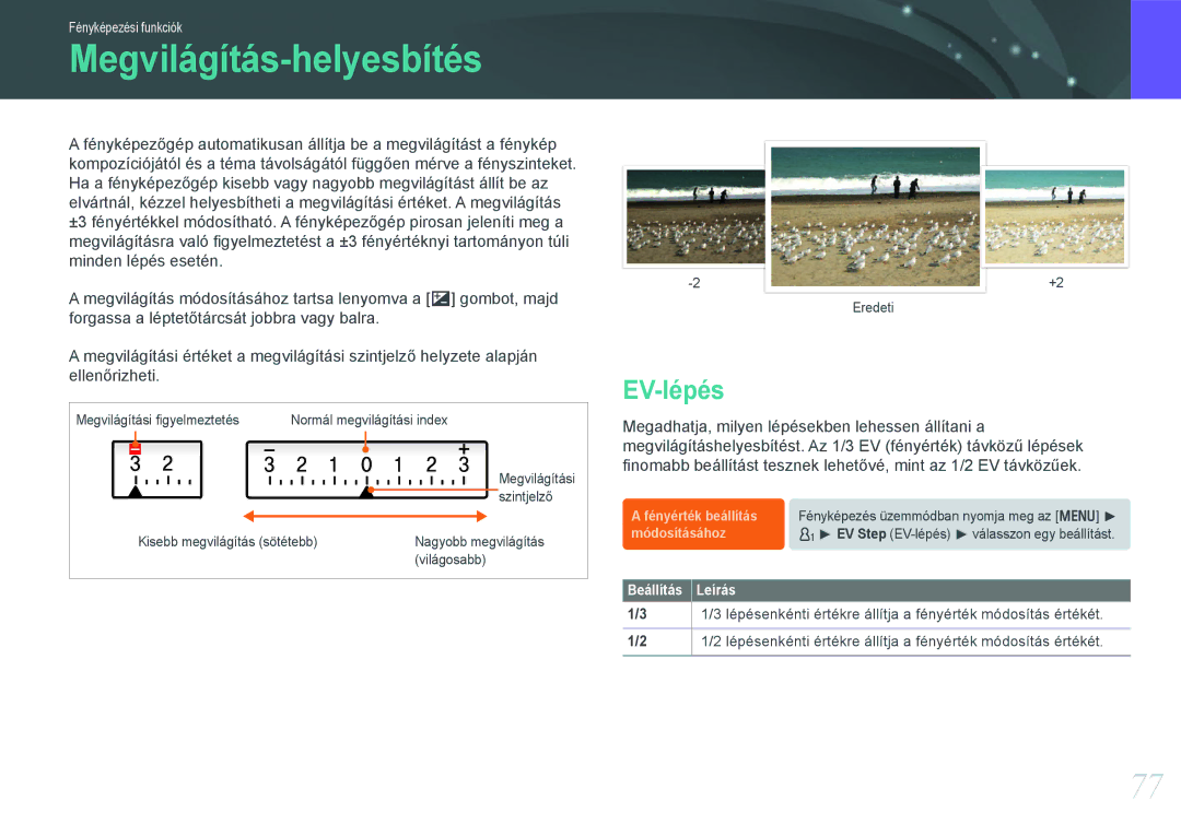 Samsung EV-NX11ZZBABDK, EV-NX11ZZBABSE, EV-NX11ZZBABHU manual Megvilágítás-helyesbítés, EV-lépés 