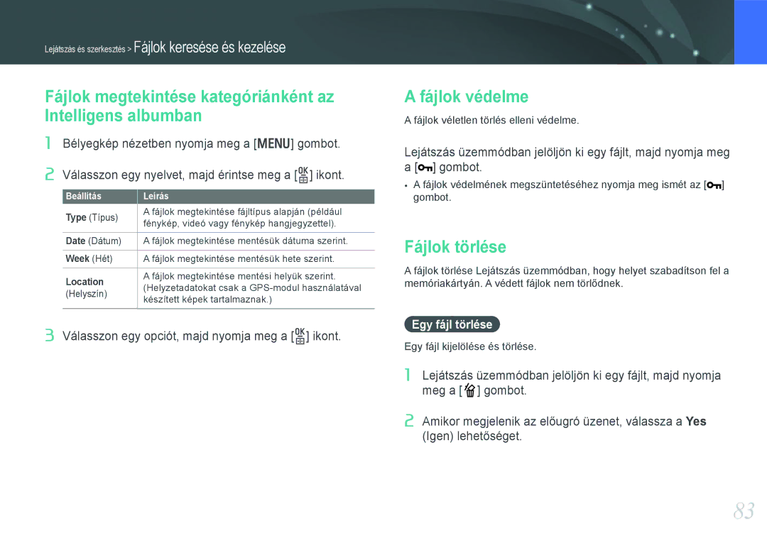 Samsung EV-NX11ZZBABDK manual Fájlok megtekintése kategóriánként az Intelligens albumban, Fájlok védelme, Fájlok törlése 